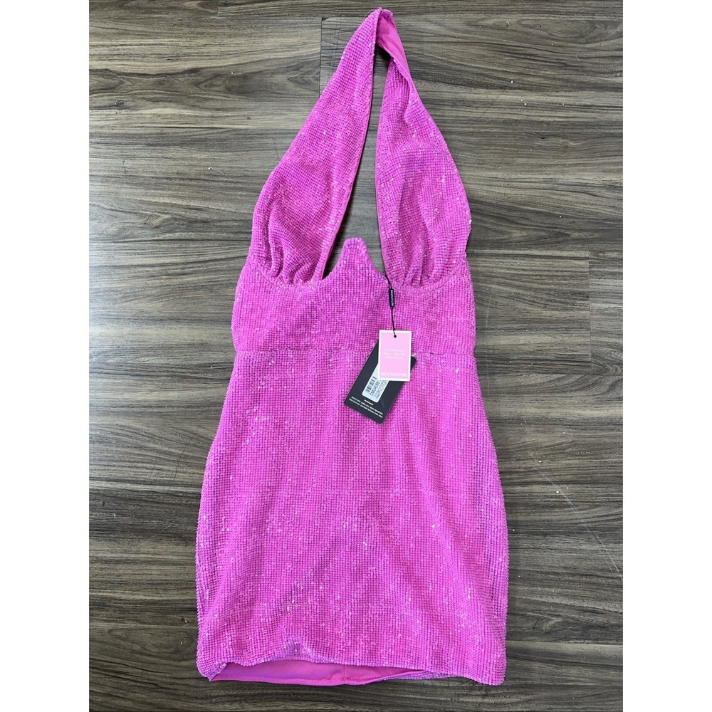 NWT Neon Pink Halter Bodycon Sequin Mini Dress Size 10